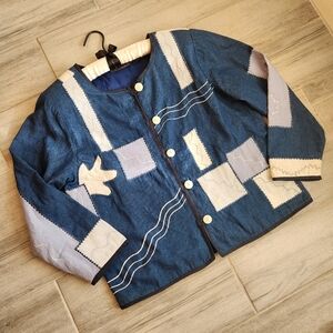 Patchwork jacket women's M dark blue 100% cotton blazer cottagecore boho artsy